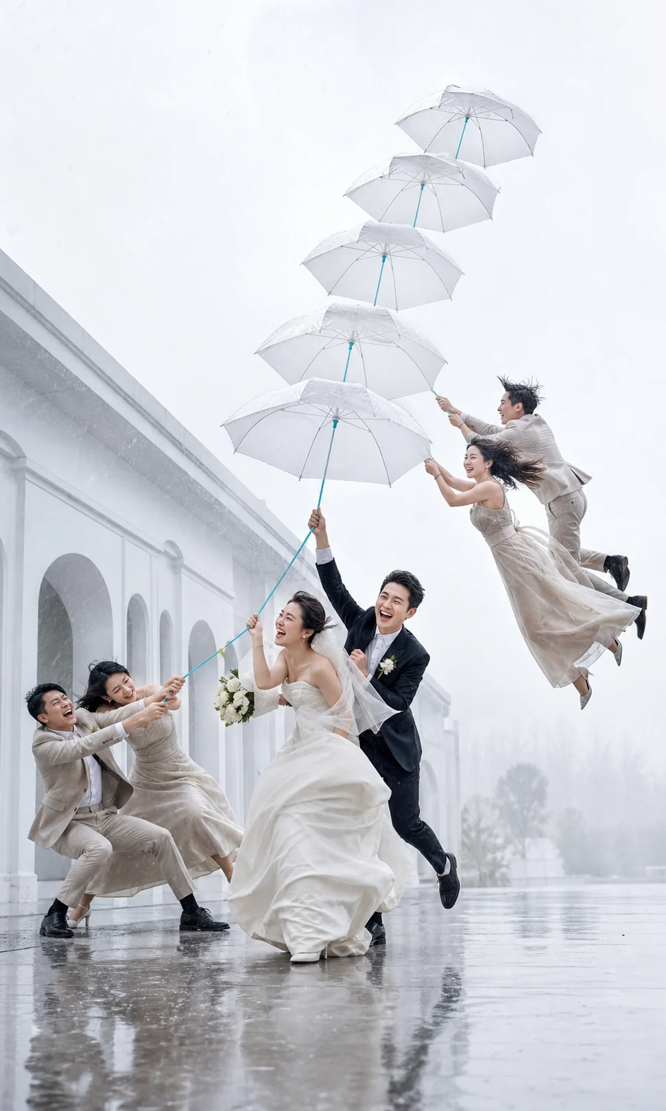 雨天婚礼中人物沿白伞向上跃动的 AI 电影感画面