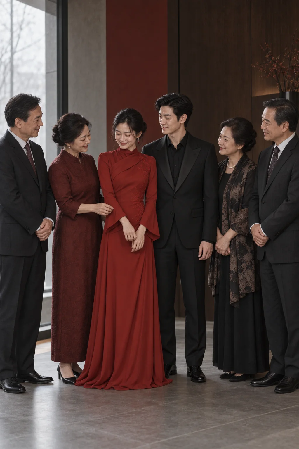虚构新人和双方父母共同入镜的 AI 婚礼故事电影概念画面