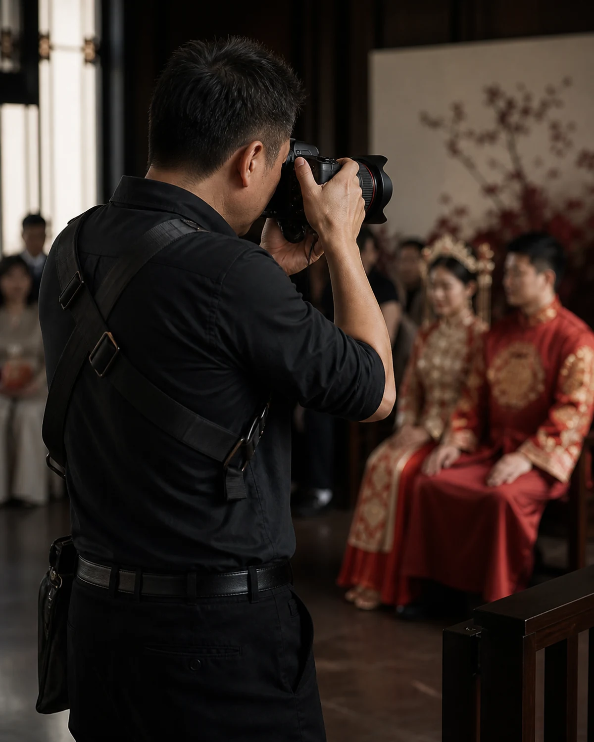 中国婚礼摄影师在中式婚礼现场拍摄的 AI 工作场景示意