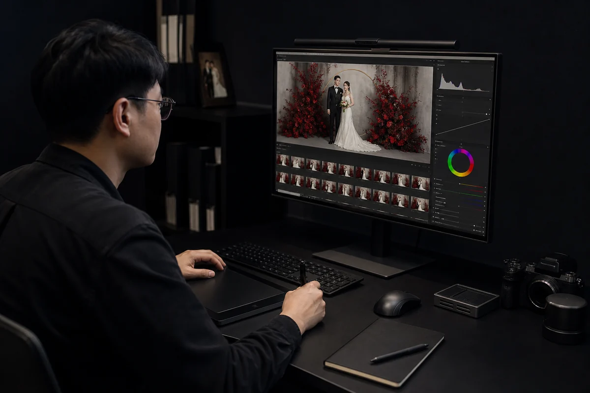 摄影后期人员在专业工作台进行婚礼照片调色的 AI 场景