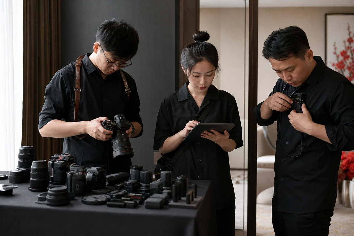三人婚礼影像团队检查设备和拍摄计划的 AI 工作场景
